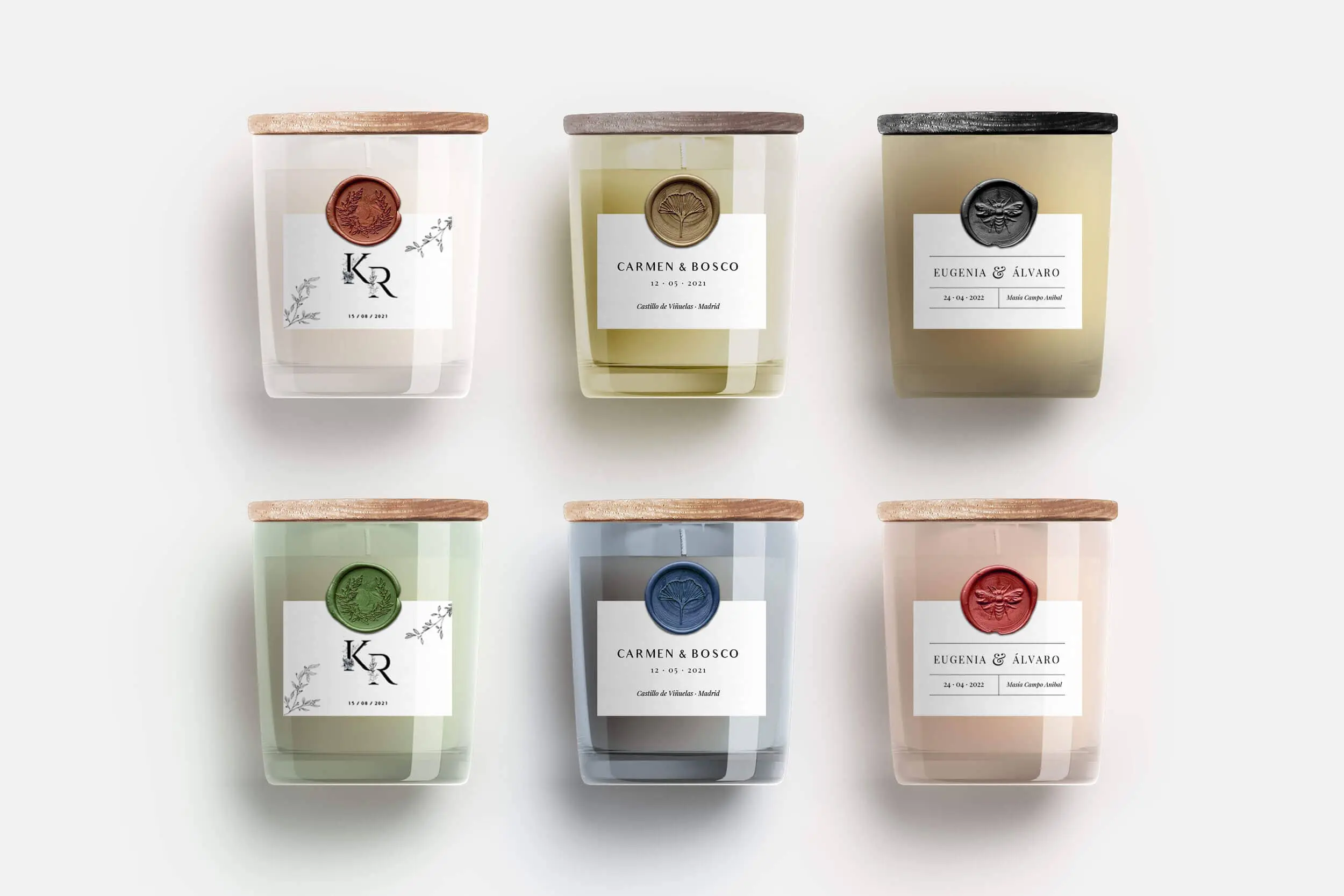 Regalos para invitados: Set de 6 velas aromáticas de colores variados con personalizaciones de JDNPaper.