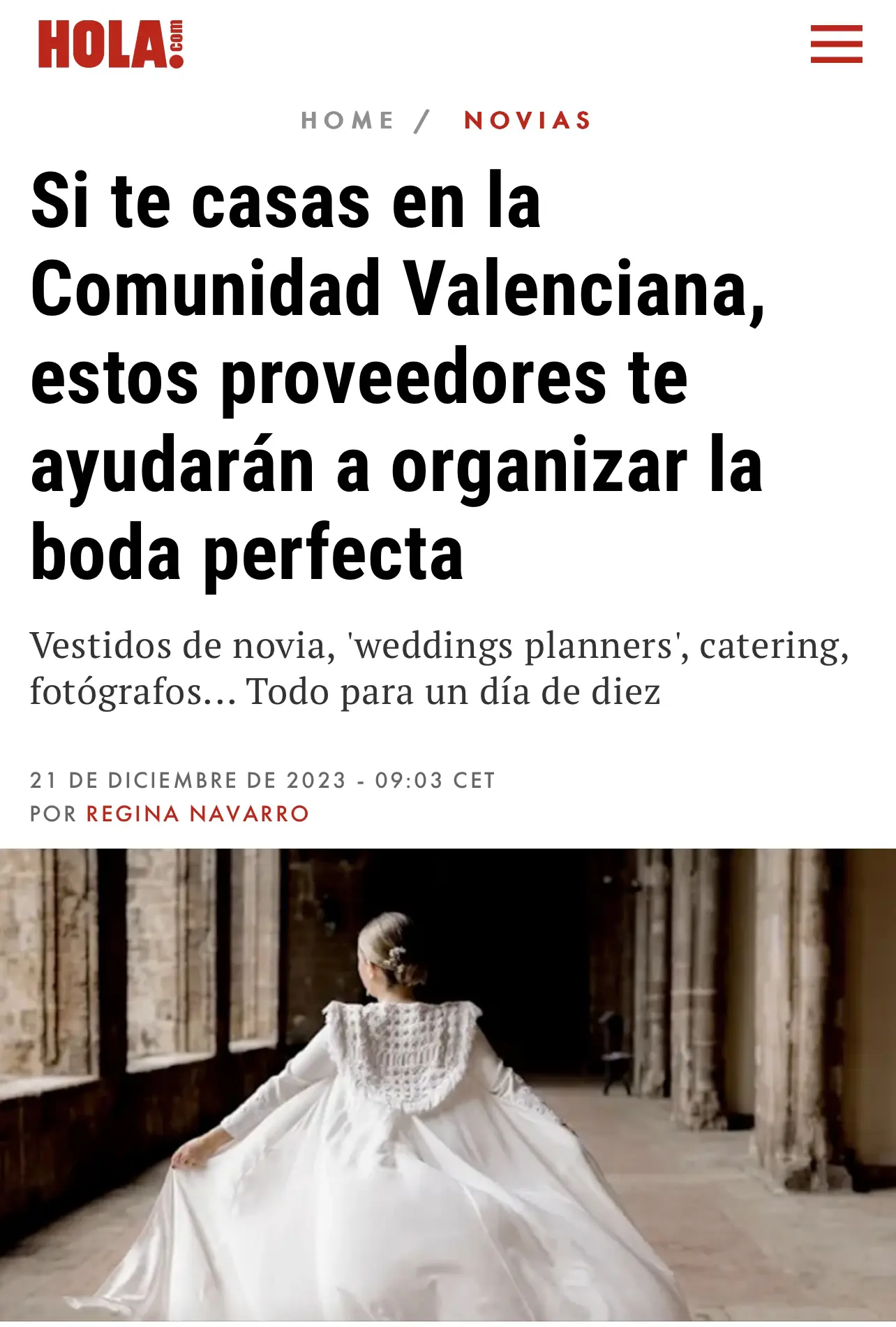Cabecera de artículo en 'Hola' sobre bodas en la Comunidad Valenciana, mencionando a Bouclé Weddings como proveedor destacado.