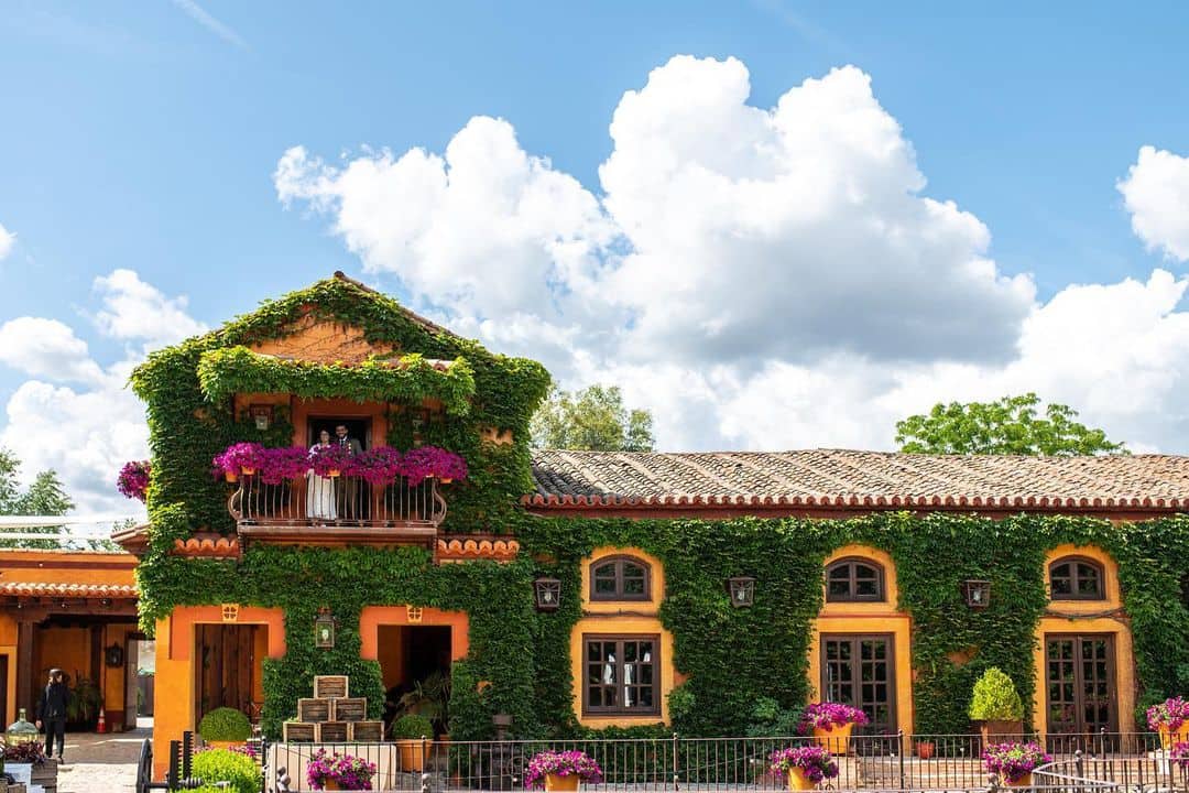 Fachada de la Antigua Fábrica de Harinas, cubierta de enredaderas verdes, un lugar emblemático y único entre las mejores fincas para bodas en Madrid
