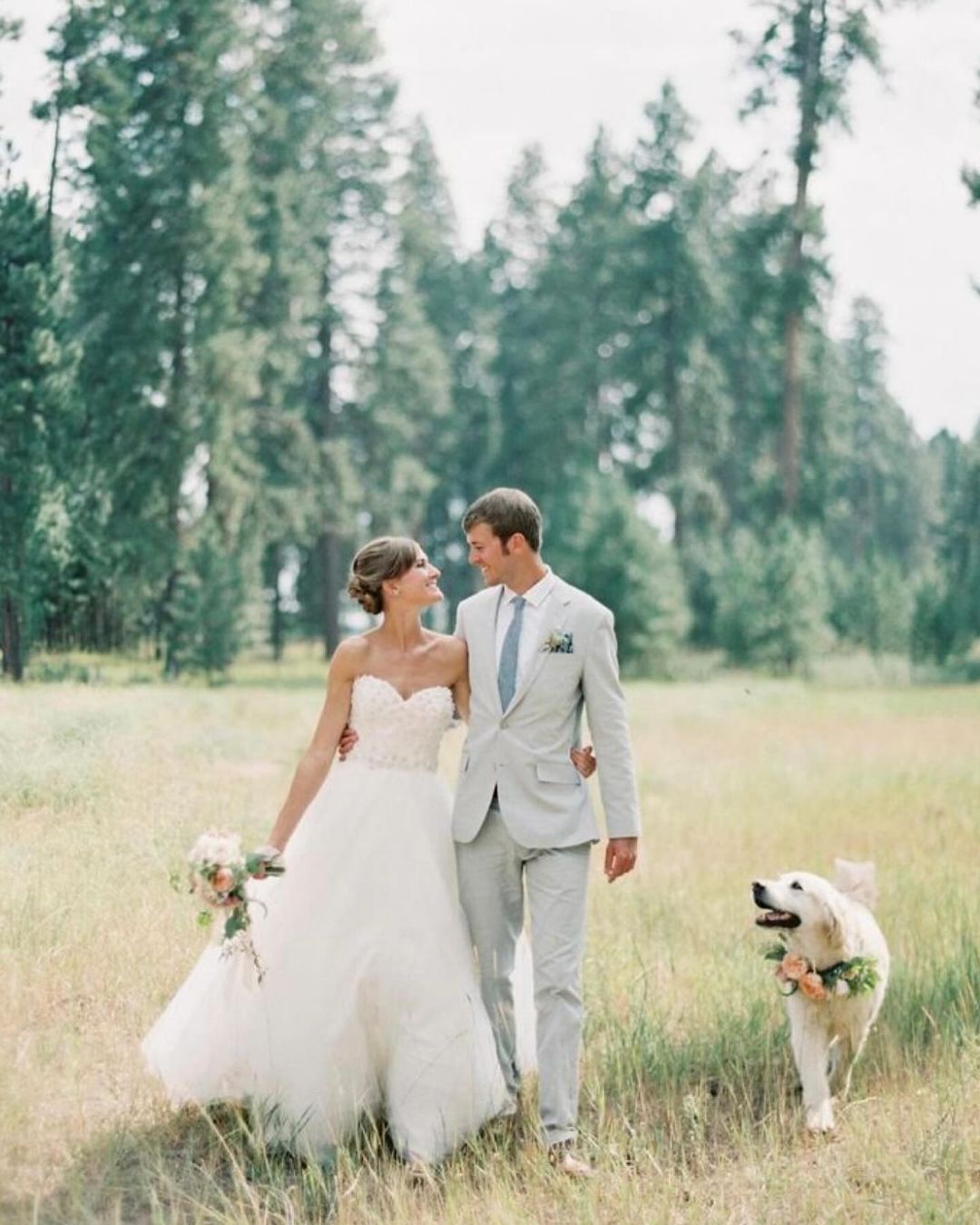 Pareja de recién casados paseando con su perro, que lleva un collar de flores, en un ambiente natural.