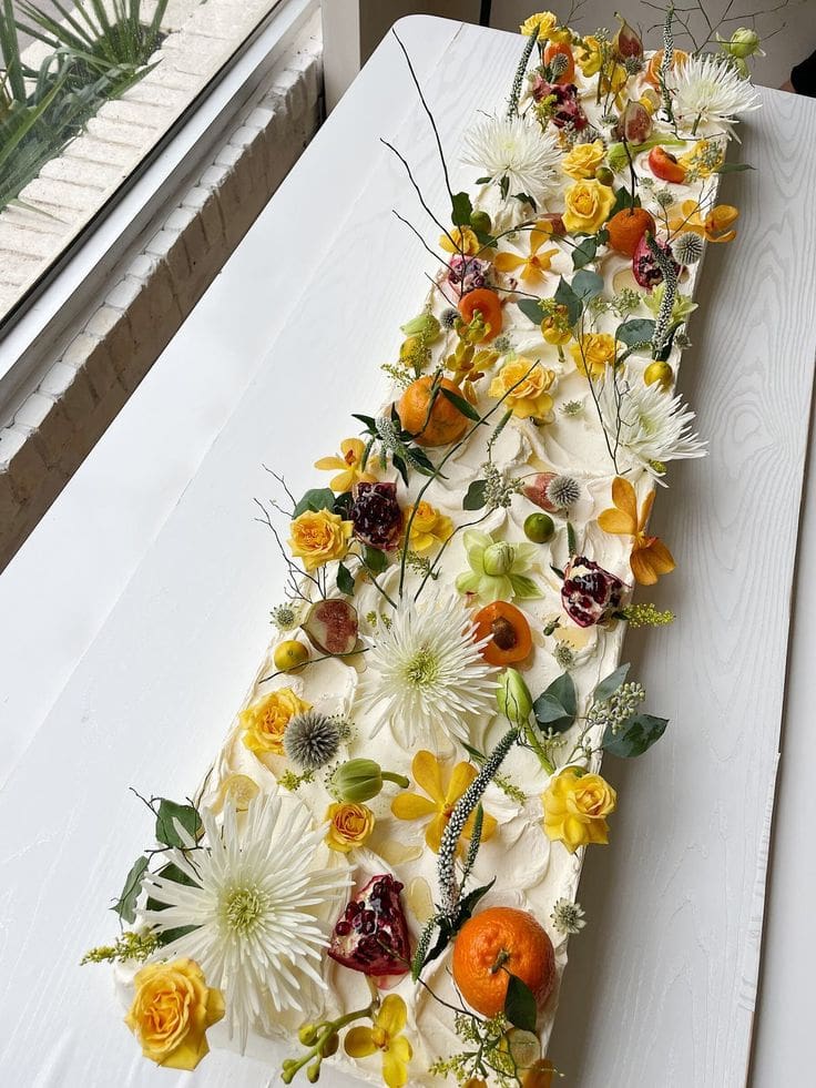 Pastel plano minimalista decorado con flores naturales, ideal para bodas modernas. Tendencias de boda 2025.