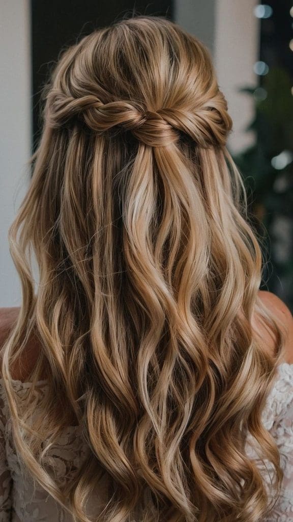 Semirrecogido con trenzas romántico para invitadas de boda, con ondas suaves y estilo bohemio.