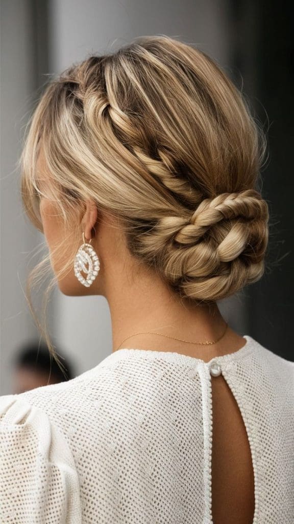 Moño trenzado elegante y original, un peinado con textura para invitadas de boda.