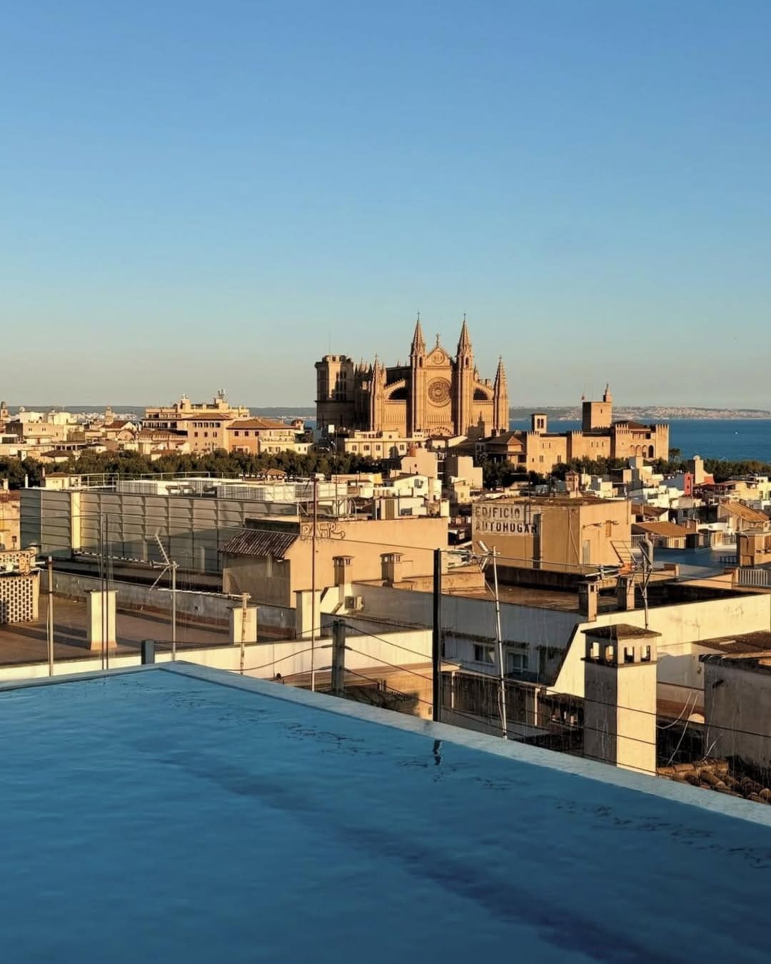 Terraza con piscina y vistas a la Catedral de Palma, ideal para cenar en pareja al atardecer.